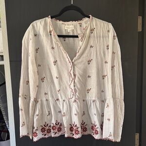 Velvet White Cotton Embroidered Peasant Tunic with Rust Floral Accents